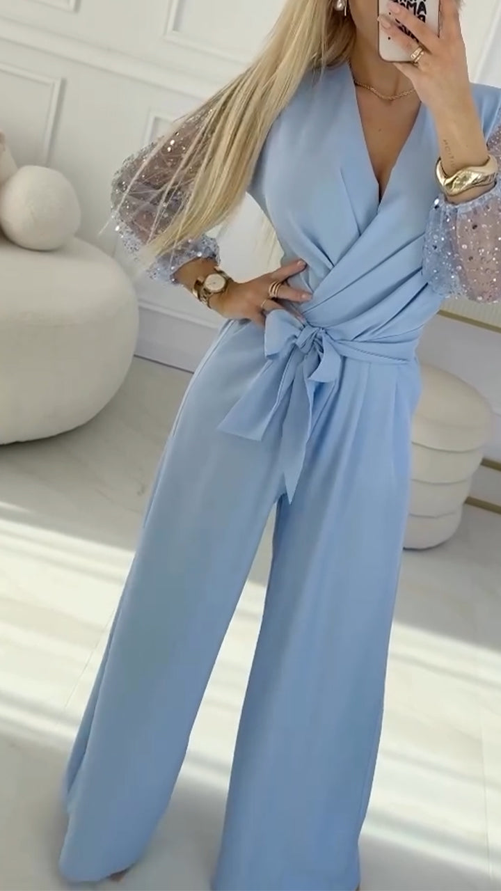 👑Γυναικεία casual ρούχα με βολάν και V-λαιμόκοψη, διακοσμημένα με φτερά-GR