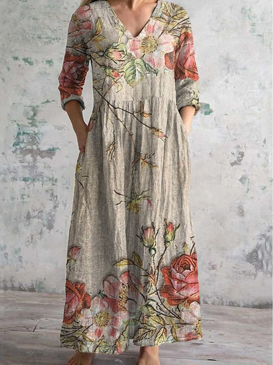 Vintage lilledega kunsttrikk chick V-kaelusega kolme čelendiku varrukatega elegant Midi-kleit