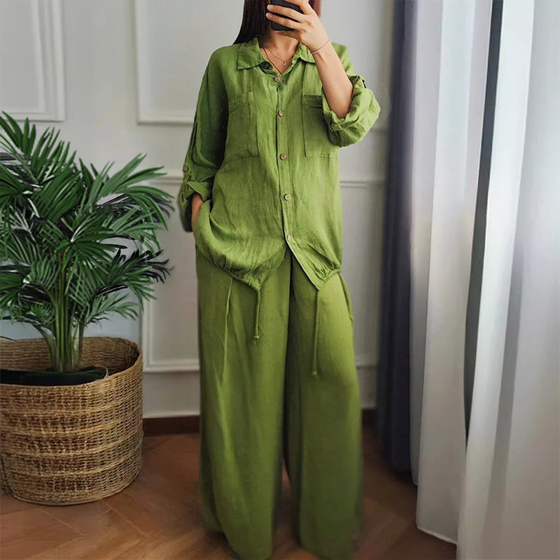 Top din bumbac și in cu tiv cu cordon , i pantaloni din bumbac și in