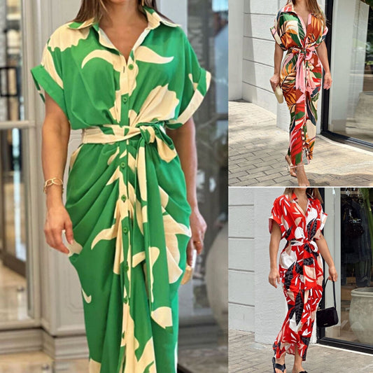 💃Φόρεμα πουκάμισο casual με στάμπα και αναστρέψιμη μέση