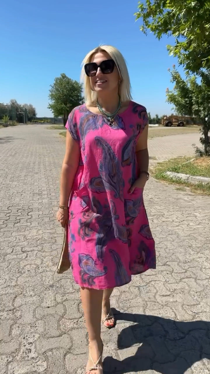 Medvilninė ir lininė suknelė su raštu-LT
