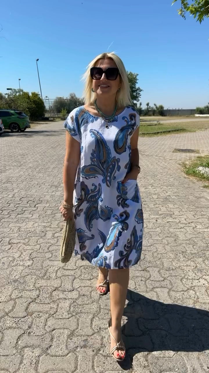 Kokvilnas un lina kleita ar apdruku-LV