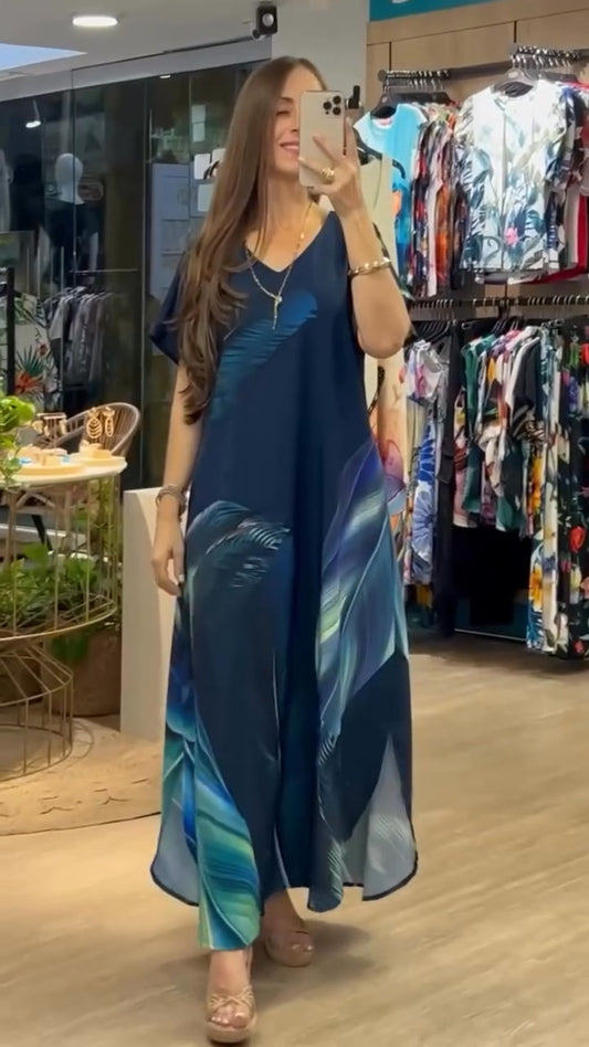 Γυναικείο σαλλάό, casual φόρεμα με V λαιμόκοψη, typoma και κοντομάνικο-GR 