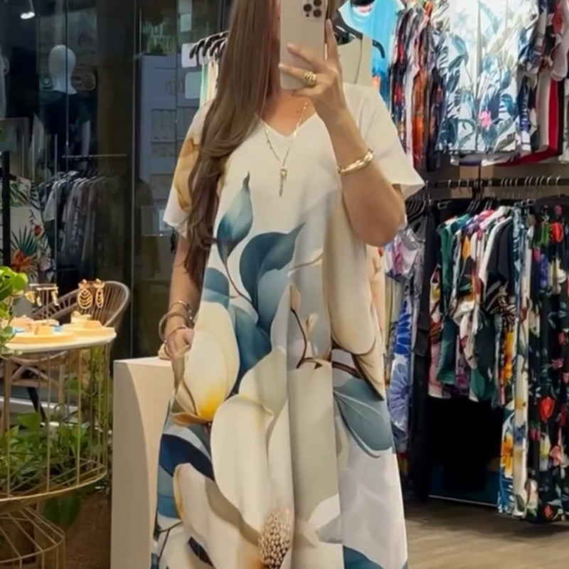 👗 Ženska dolga obleka s potiskom in V-izrezom-SI