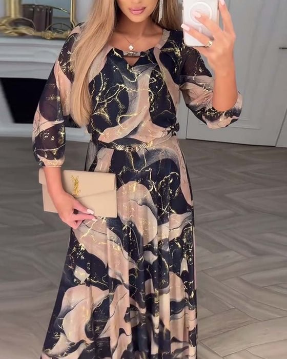 Elegantna šifonska obleka s potiskom in tričetrtinskimi rokavi-SI