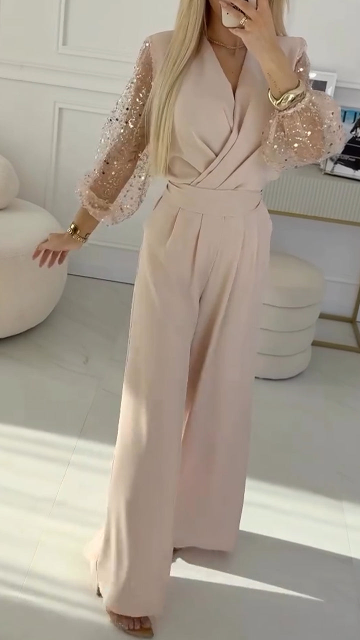 👑Γυναικεία casual ρούχα με βολάν και V-λαιμόκοψη, διακοσμημένα με φτερά-GR 