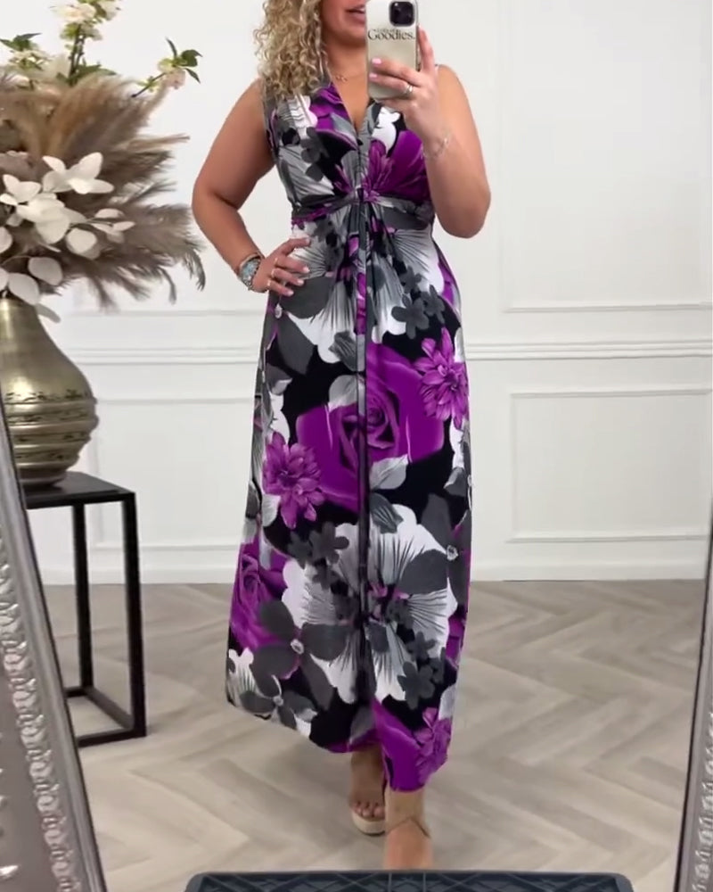 💗Vestido plisado con empanado floral elegante sin mangas. 