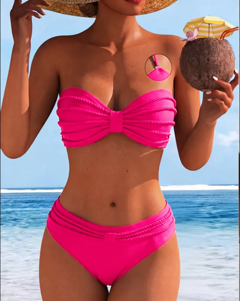 Enobarvne črtaste kopalke z razcepljenim bikinijem-SI