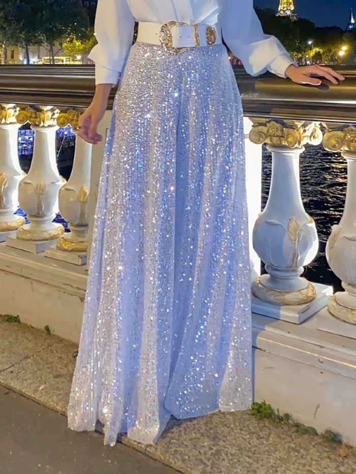 ✨Elegantiškas blusa de manga larga con escote redondo y pantalon de pernera ancha con lentejuelas.-SP