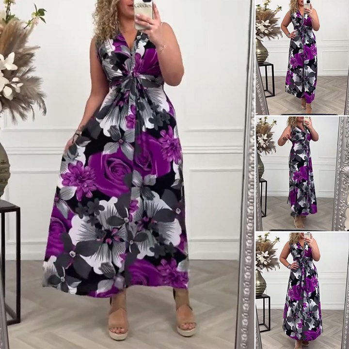 💗Vestido plisado con empanado floral elegante sin mangas. 