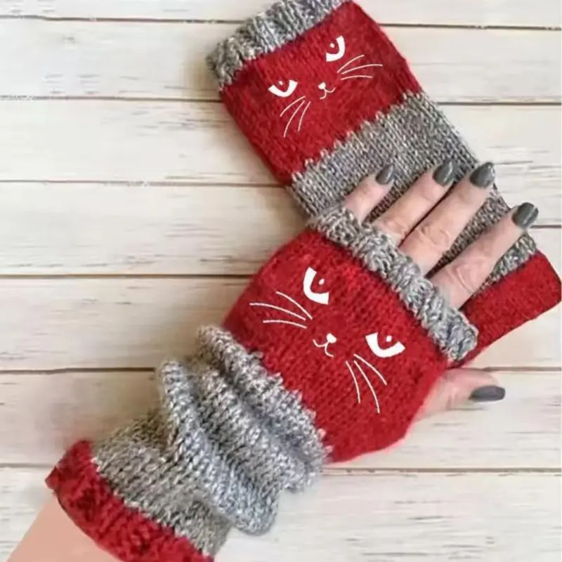 🐱 Prikupne ženske pletene rokavice z mačjim motivom🧤🧶-SI