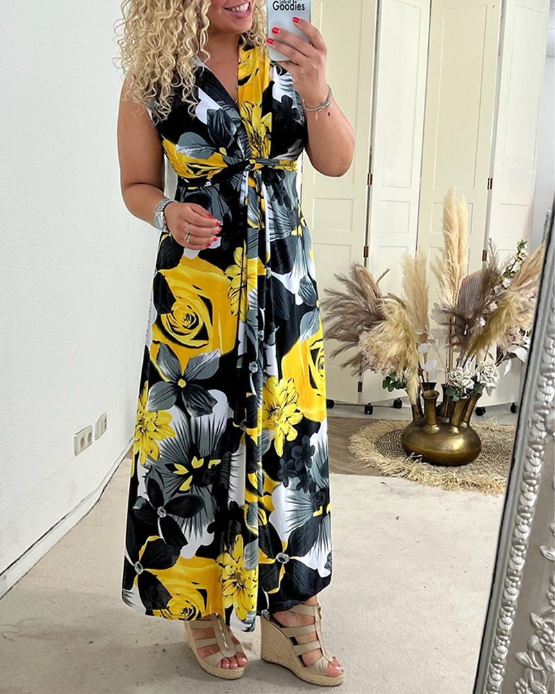 💗Vestido plisado con empanado floral elegante sin mangas. 