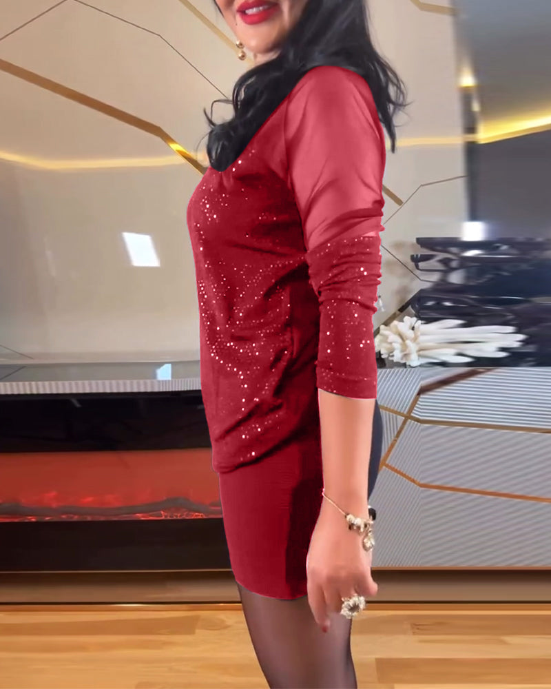 Seksi mrežasta obleka z V-izrezom in enobarvnimi bleščicami-SI