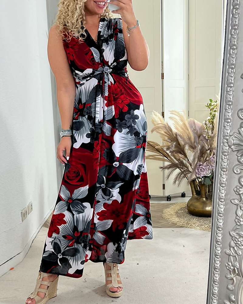 💗Vestido plisado con empanado floral elegante sin mangas. 