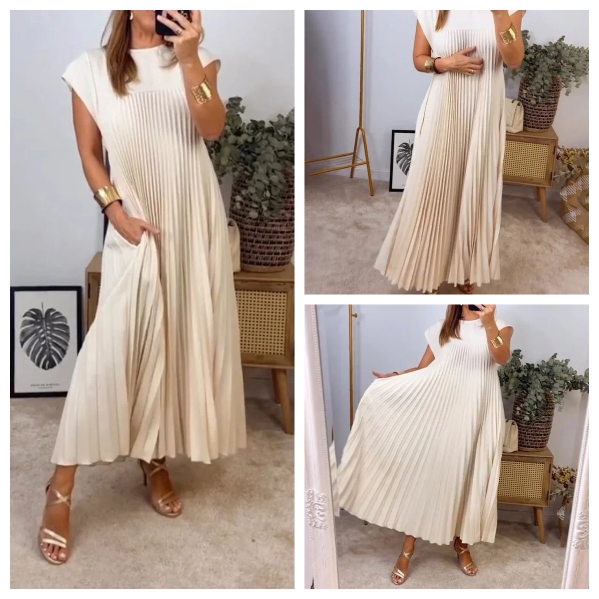 💕Μονόχρωμο πλισέ γυναικείο φόρεμα👗-SI