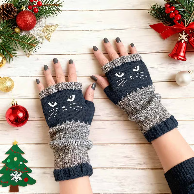 🐱 Prikupne ženske pletene rokavice z mačjim motivom🧤🧶-SI