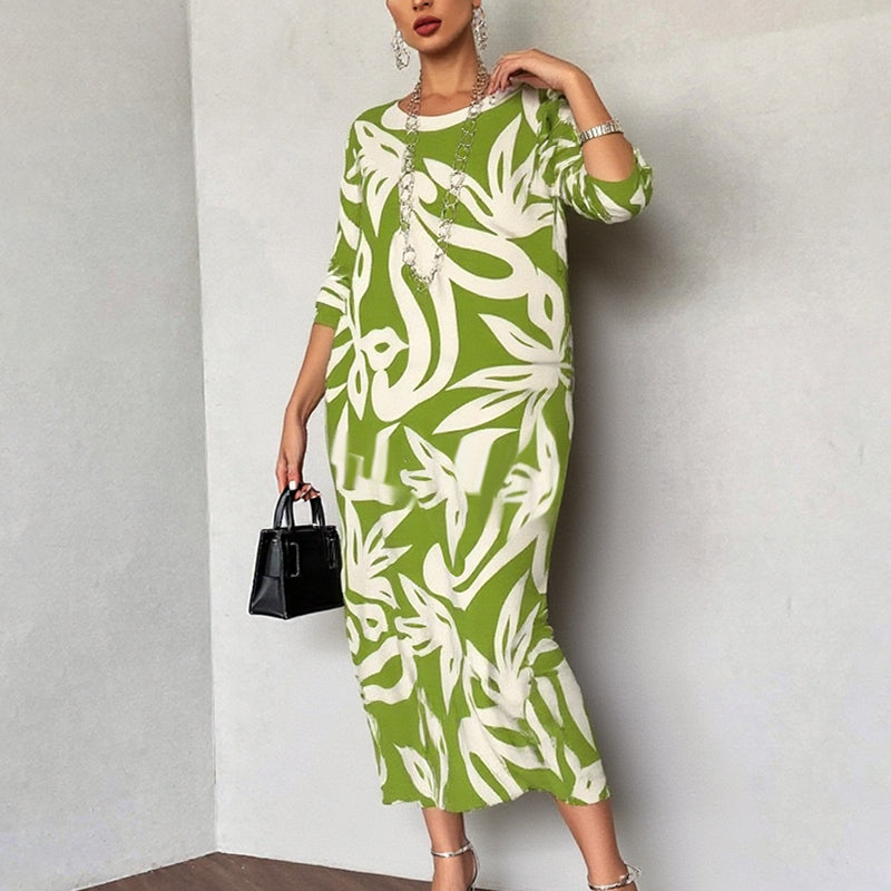 🌼Elegantiška, laisva, apvaliu kaklu, raštuota moteriška suknelė-LT