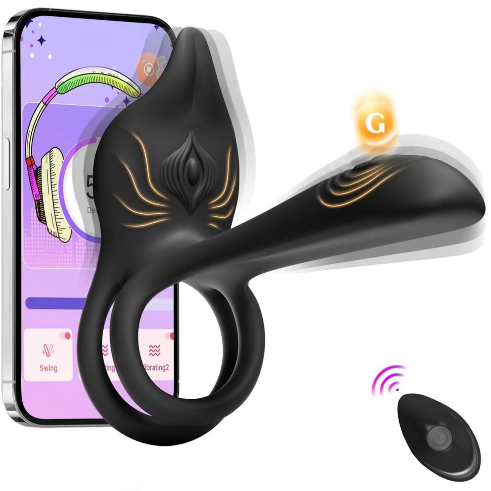 Vibruojantis varpos žiedas poroms - MOOLIGIRL dvigubas varpos žiedo vibratorius su lapės formos klitorio stimuliatoriumi ir 11,5 cm G taško vibratoriumi-LT