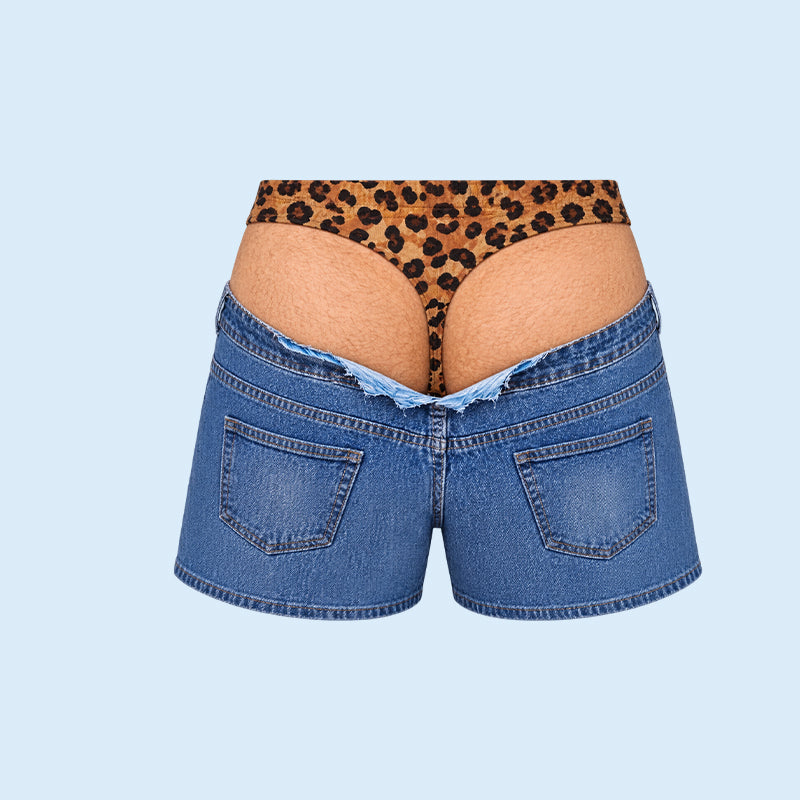 Smešne kopalke iz umetnega kavbojskega materiala z leopardjim potiskom | Plažne hlače Novelty Illusion-SI