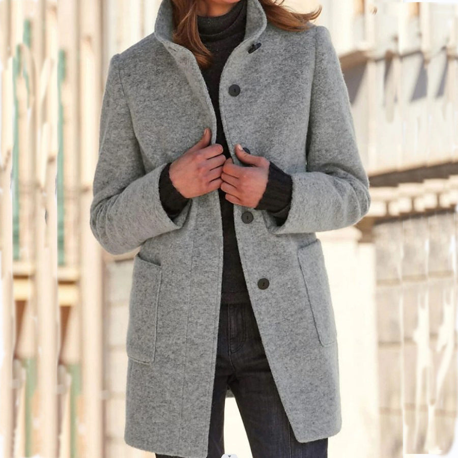 Γυναικεία ρετρό megztinė nuo vėjo ilgomis rankovėmis, užsegama sagomis ir stovima apykakle-LT 
