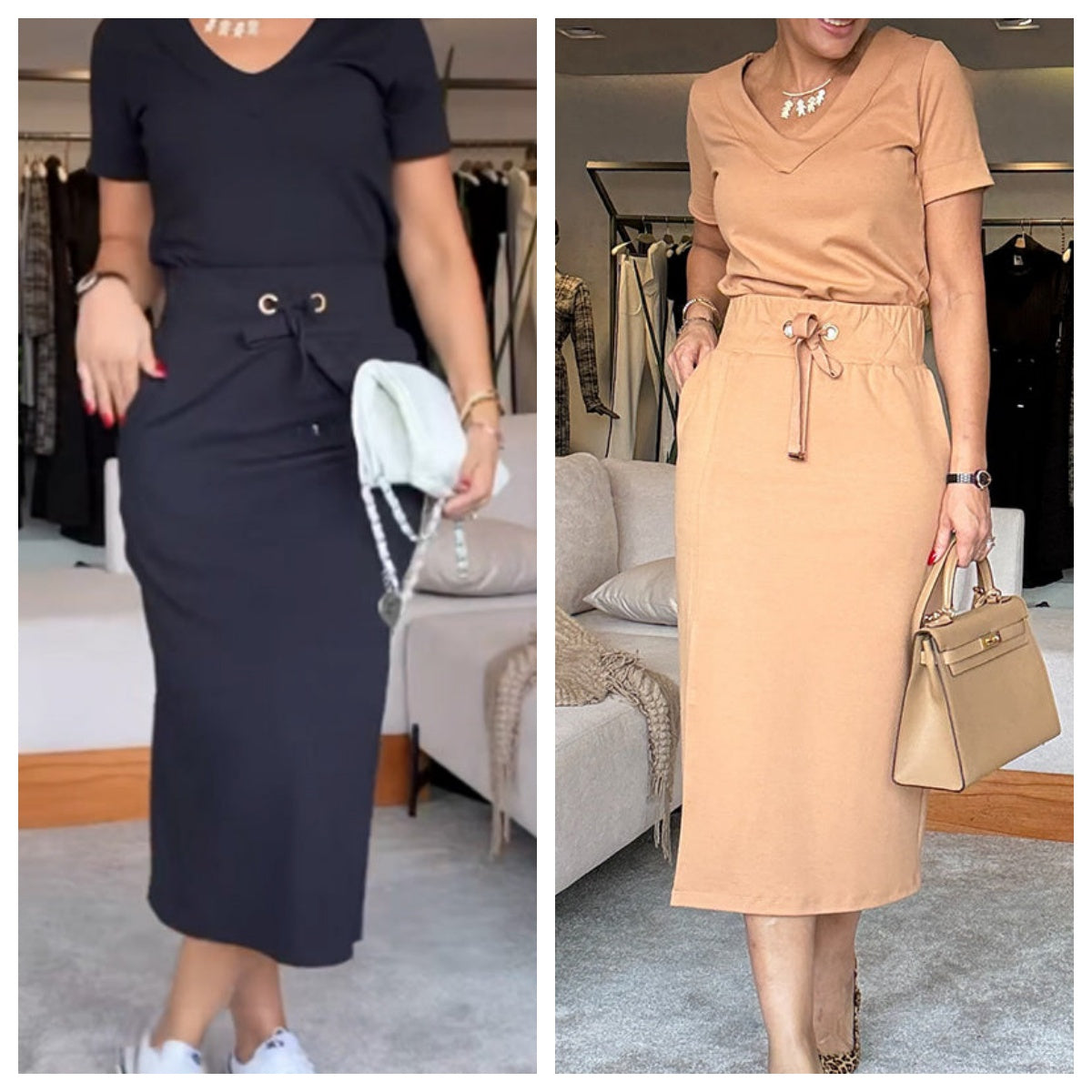 💥Puikūs moteriški marškinėliai V formos iškirpte su midi sijonu👗-LT
