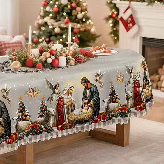 Prt z motivom jaslic – bel in rdeč, tradicionalni evropski slog, trpežna tkanina za praznične obroke in okraske-SI