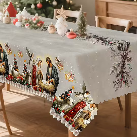 Prt z motivom jaslic – bel in rdeč, tradicionalni evropski slog, trpežna tkanina za praznične obroke in okraske-SI