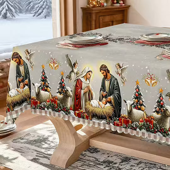 Prt z motivom jaslic – bel in rdeč, tradicionalni evropski slog, trpežna tkanina za praznične obroke in okraske-SI