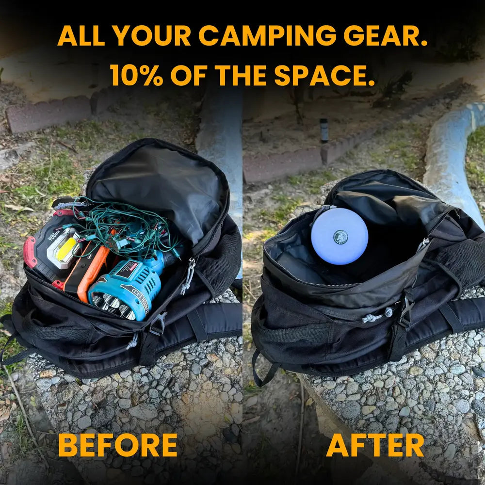 „Camp Lamp™“💡 10 metrų ištraukiama lempučių girlianda 🔋 8 valandų baterijos veikimo laikas 🌈 Keli spalvų nustatymai ⚙️ Surinkama per kelias sekundes-LT