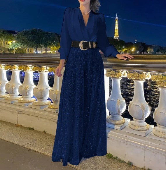 ✨Elegantiškas blusa de manga larga con escote redondo y pantalon de pernera ancha con lentejuelas.-SP