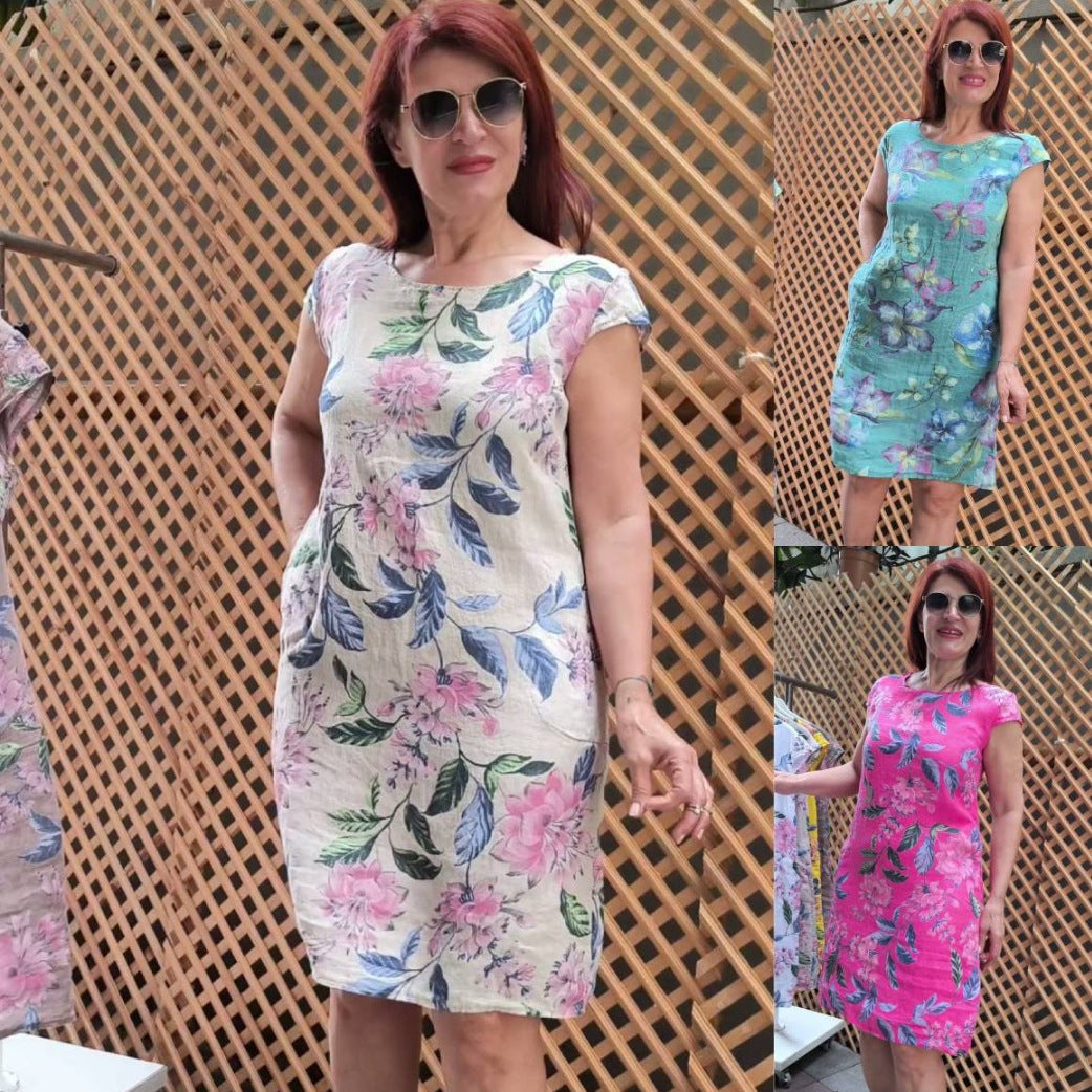 👗 Φόρεμα με σχέδιο, φαρδιά μανίκια και στρογγυλή λαιμόκοψη-GR