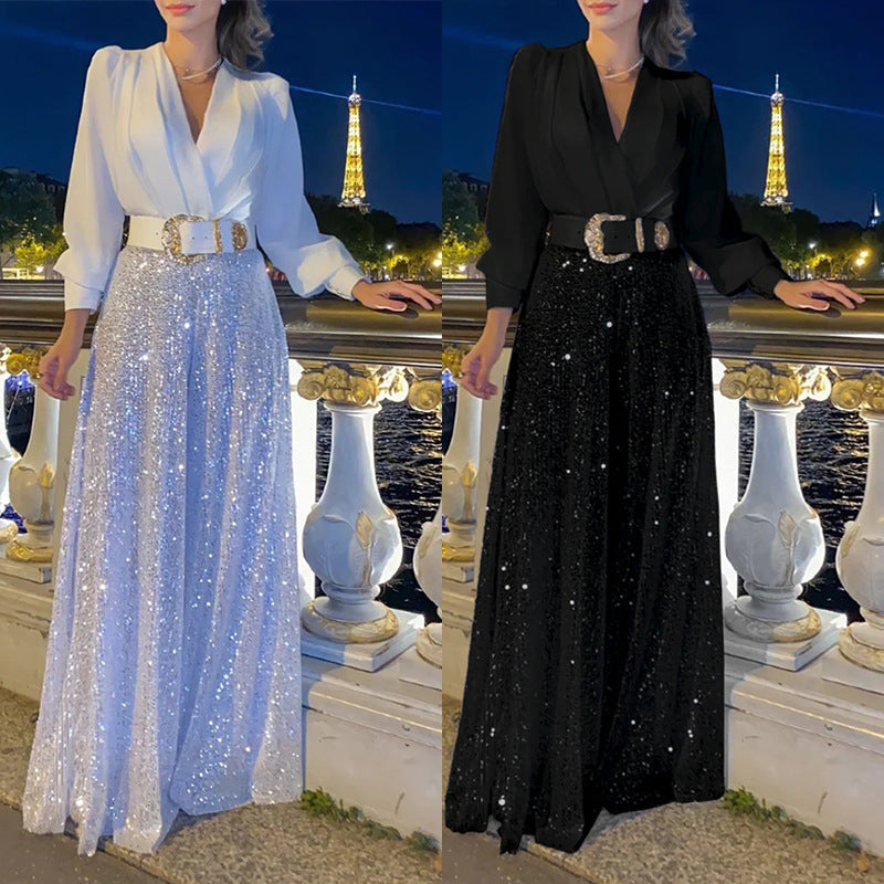 ✨Elegantiškas blusa de manga larga con escote redondo y pantalon de pernera ancha con lentejuelas.-SP