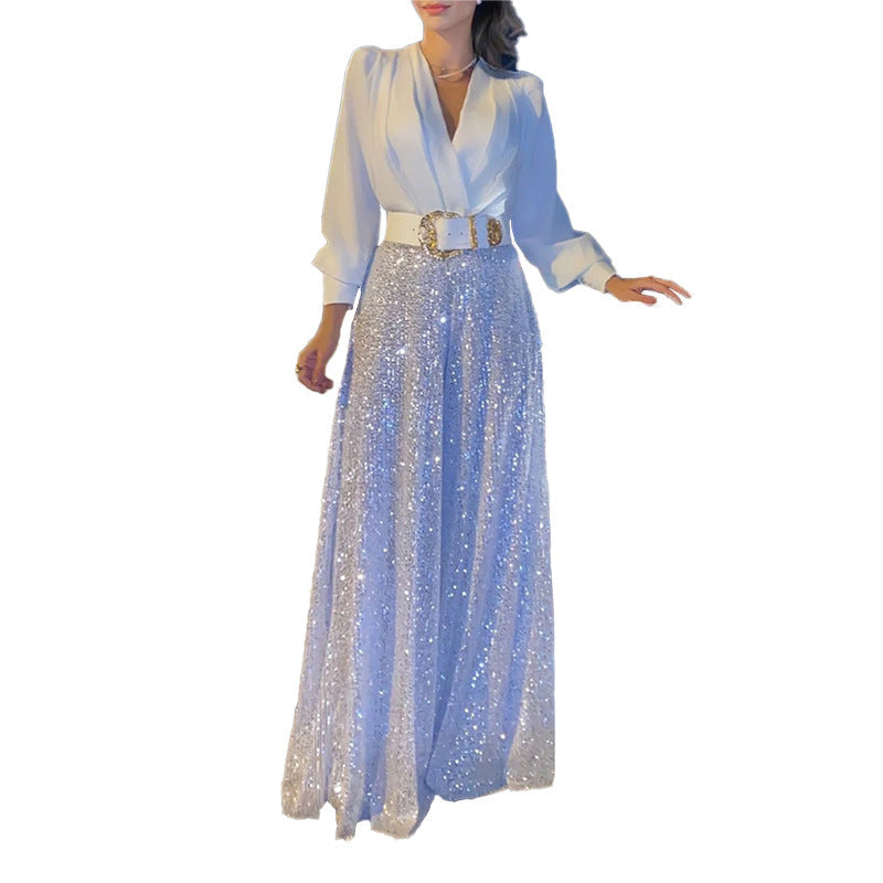 ✨Elegantiškas blusa de manga larga con escote redondo y pantalon de pernera ancha con lentejuelas.-SP
