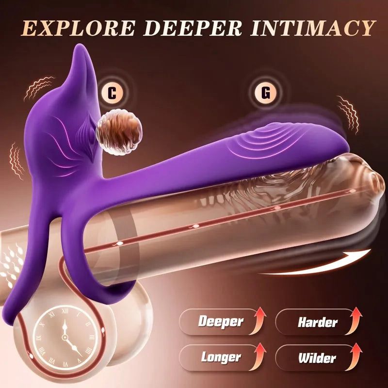 Vibracijski obroč za penis za pare - MOOLIGIRL dvojni vibrator za penis s stimulatorjem klitorisa v obliki lisice in vibratorjem za G-točko 11,5 cm-SI