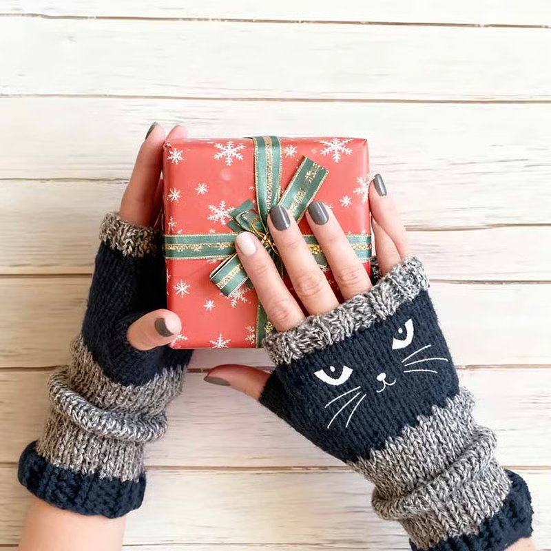 🐱 Prikupne ženske pletene rokavice z mačjim motivom🧤🧶-SI