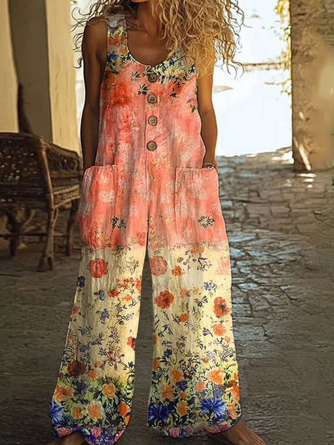 Γυναικεία Casual Ολόσωμη Φόρμα με Vintage Φλοράλ Patchwork-GR
