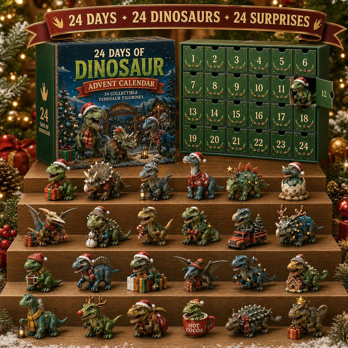 ✨24 Days of Dinosaur Christmas Advent Calendar – 24 Collectible Dino Figurines & Holiday Surprises