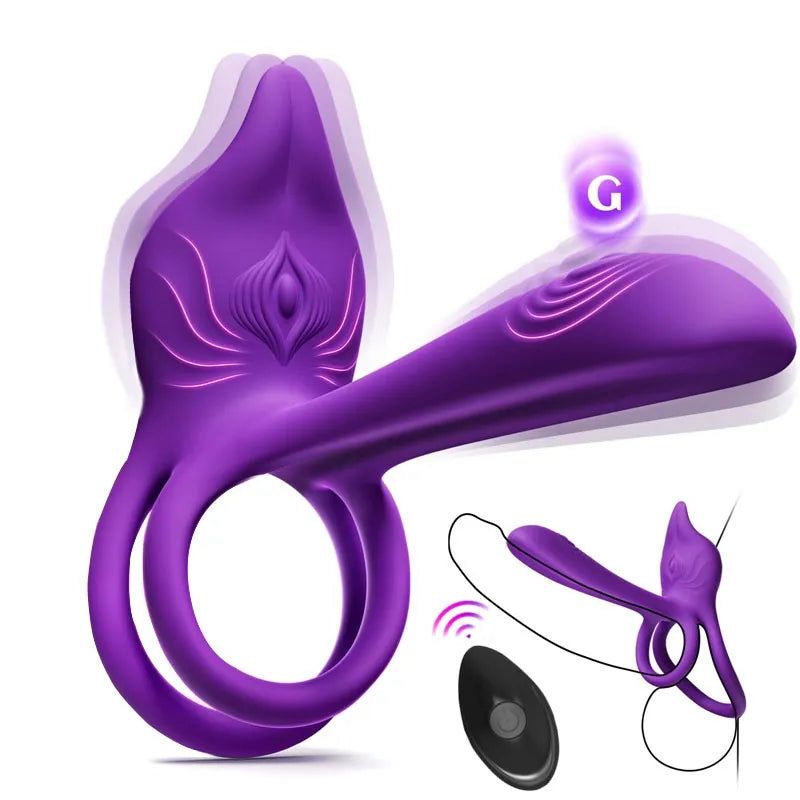 Vibracijski obroč za penis za pare - MOOLIGIRL dvojni vibrator za penis s stimulatorjem klitorisa v obliki lisice in vibratorjem za G-točko 11,5 cm-SI