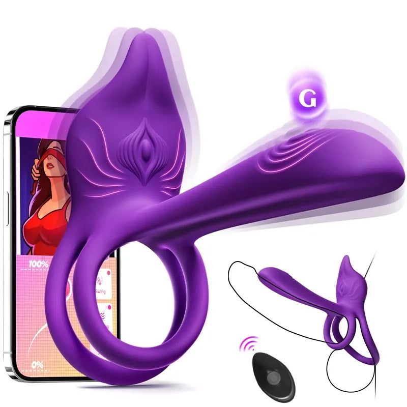 Vibracijski obroč za penis za pare - MOOLIGIRL dvojni vibrator za penis s stimulatorjem klitorisa v obliki lisice in vibratorjem za G-točko 11,5 cm-SI