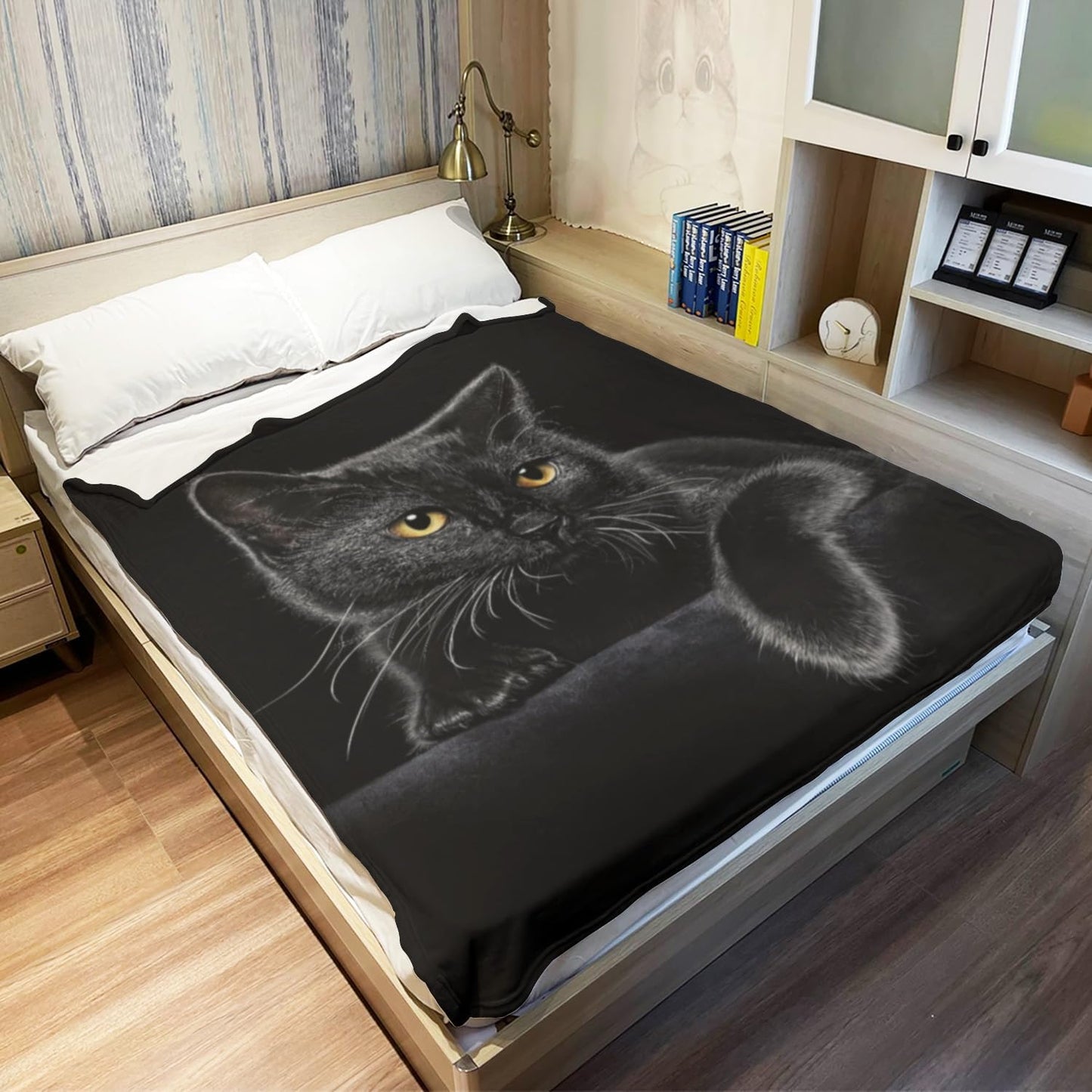 Όμορφη φανελένια κουβέρτα με μοτίβο μαύρης γάτας-SI 
