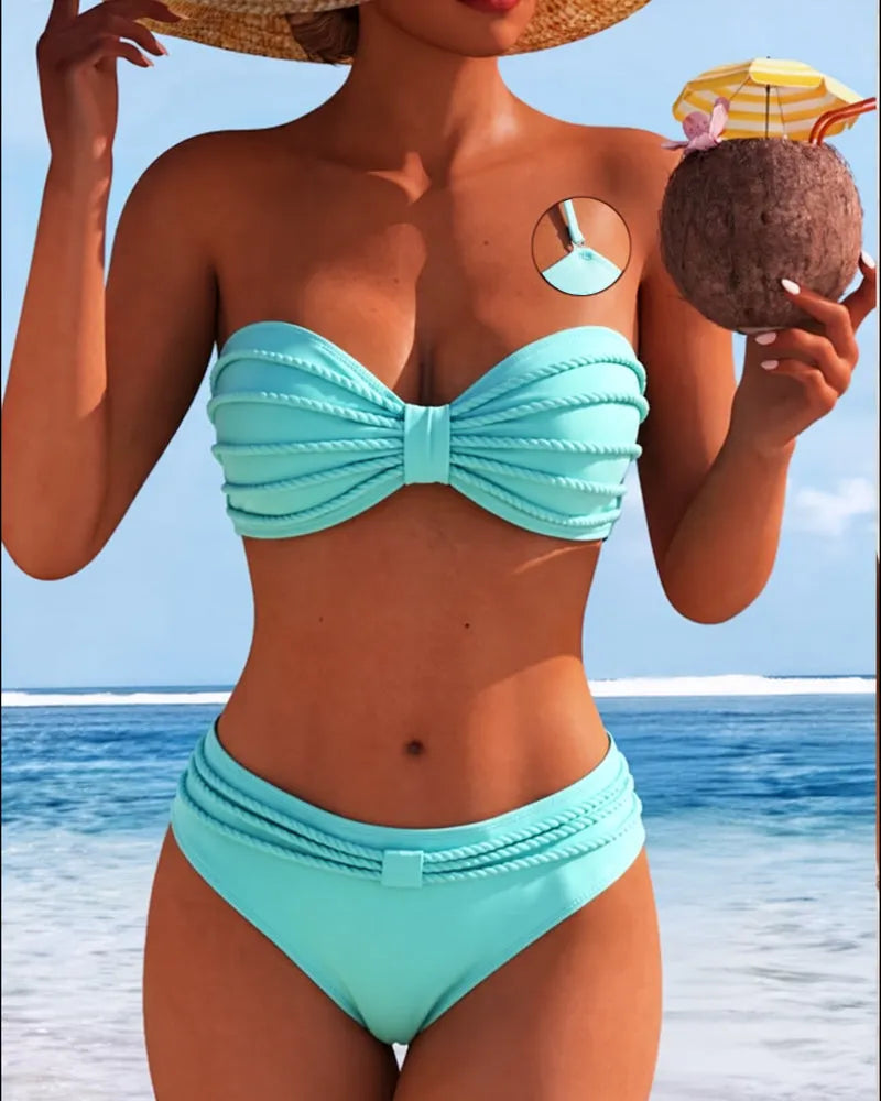 Enobarvne črtaste kopalke z razcepljenim bikinijem-SI