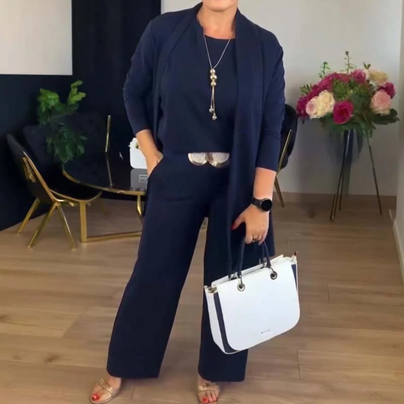 ⏳Posebna časovno omejena ponudba⏰Elegantni 3-delni komplet, ki vključuje dolg kardigan, majico in hlače💞-SI