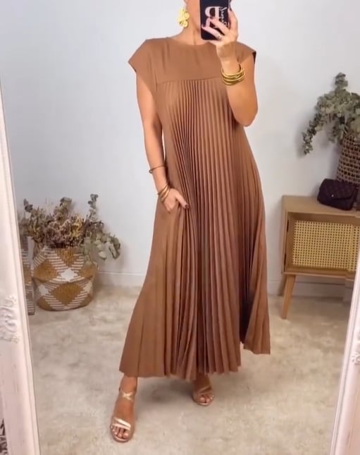 💕Μονόχρωμο πλισέ γυναικείο φόρεμα👗-SI