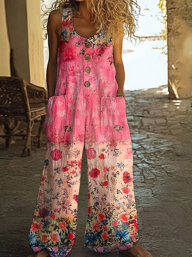Γυναικεία Casual Ολόσωμη Φόρμα με Vintage Φλοράλ Patchwork-GR