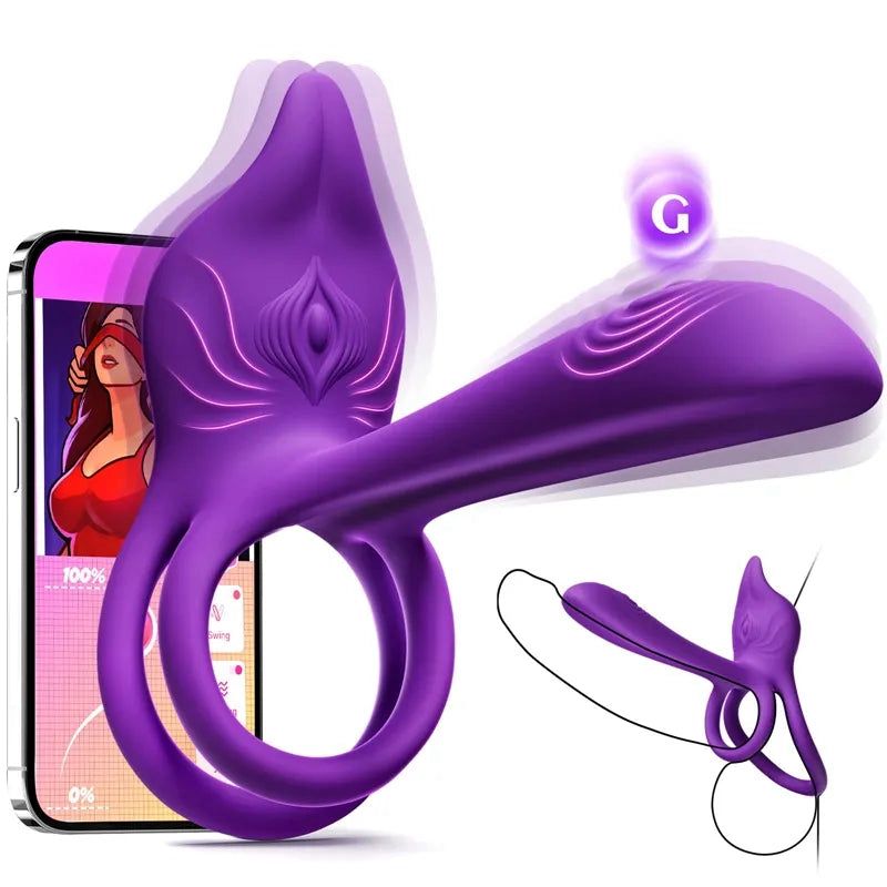 Vibracijski obroč za penis za pare - MOOLIGIRL dvojni vibrator za penis s stimulatorjem klitorisa v obliki lisice in vibratorjem za G-točko 11,5 cm-SI