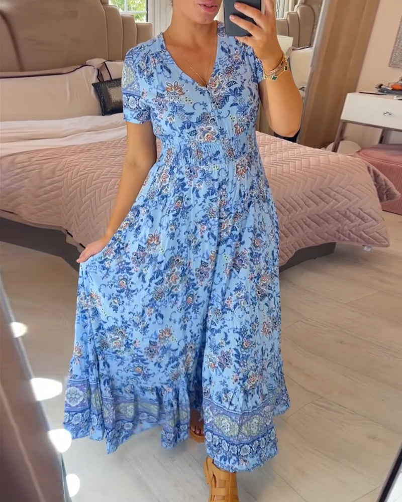 💝 Suknelė su gėlių raštu ir V kaklu 