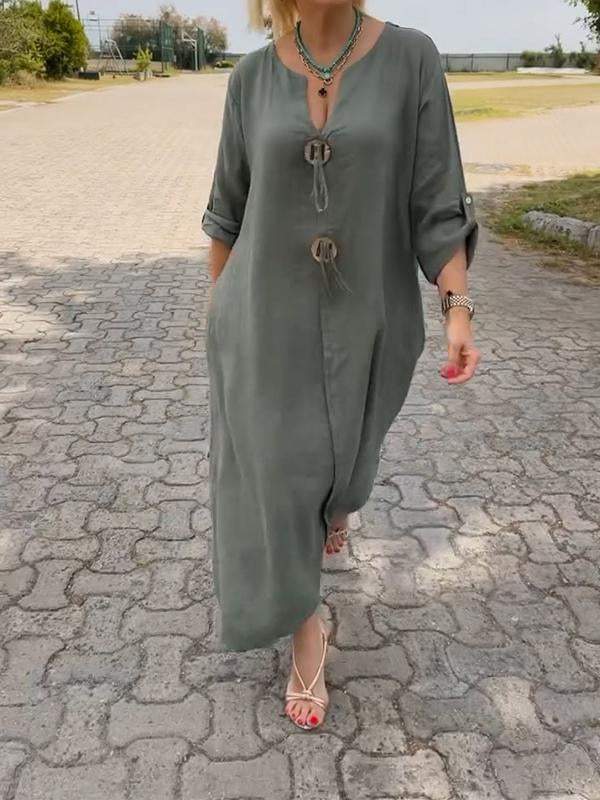 🎁👗Medvilnės ir lino suknelė V formos iškirpte-LT