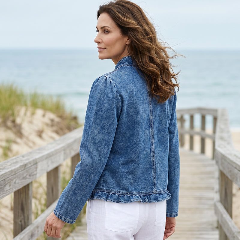 🔥49 % POPUSTA｜Ženska jeans jakna brez zapenjanja｜Naborki, lahka tkanina, enostavno oblačenje-SI