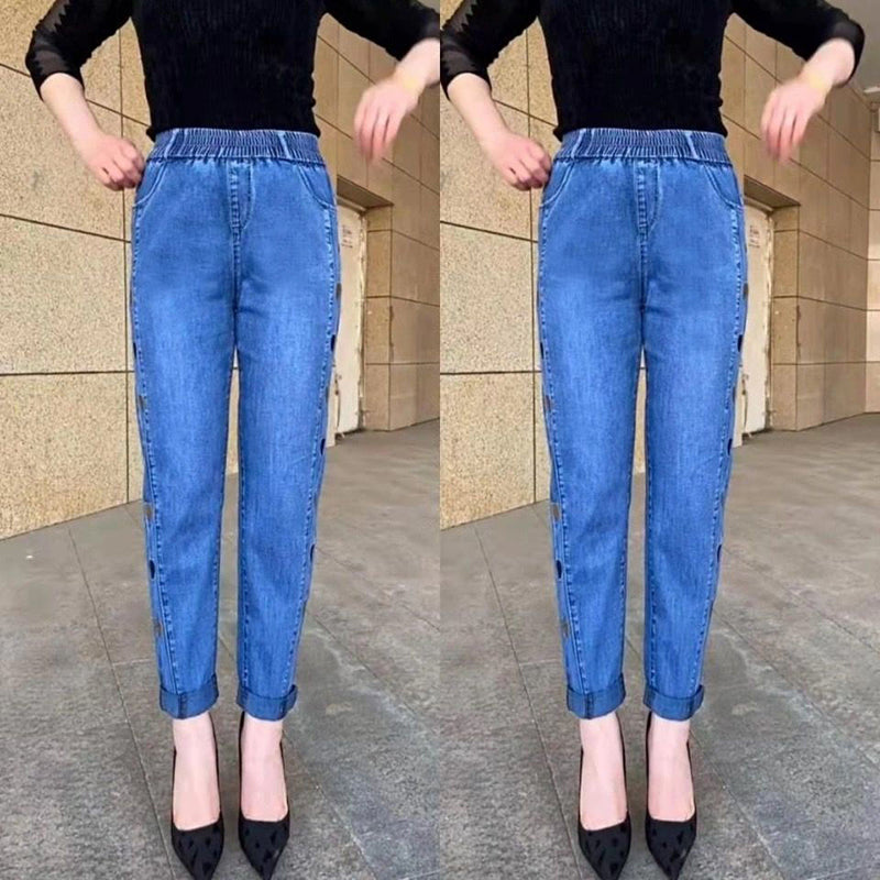 🔥Hot Sale🔥Γυναικείο ψηλό ελαστικό τζιν με κεντημένο σχέδιο καρδιάς
