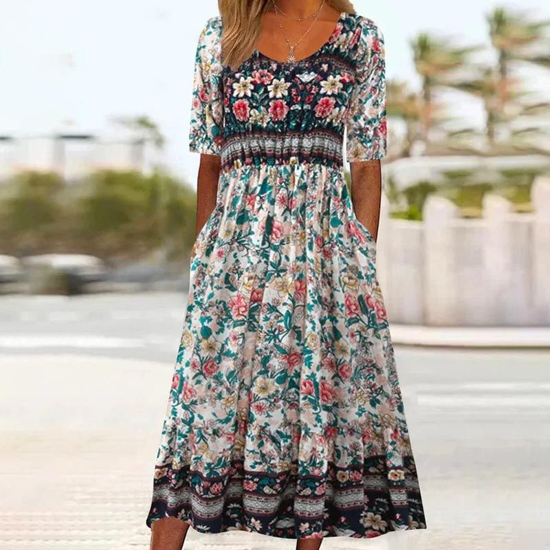 🌸 Elegantna ženska obleka z boho potiskom-SI